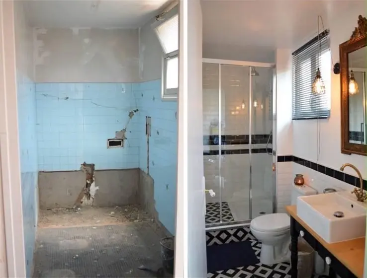 Avant après rénovation salle de bain avec douche et carrelage — SDR Plomberie La Baule